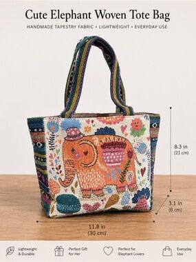 Colorful Elephant Woven Tote Bag - Multicolor